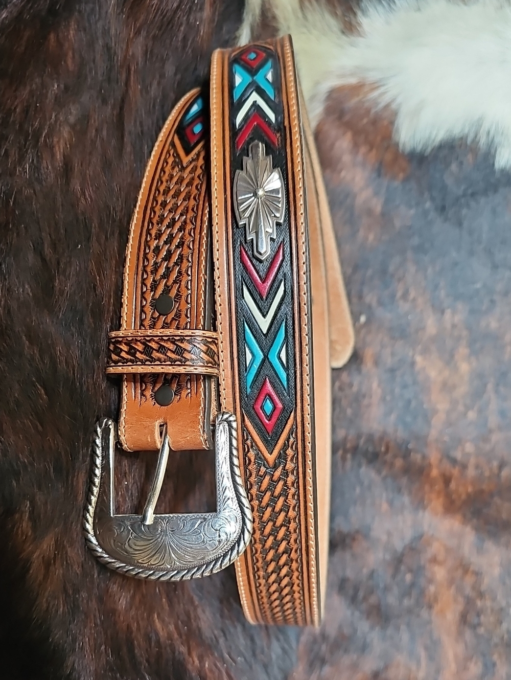 Justin Boots Tan Tooled Leather Belt with Turquoise & Red Accents